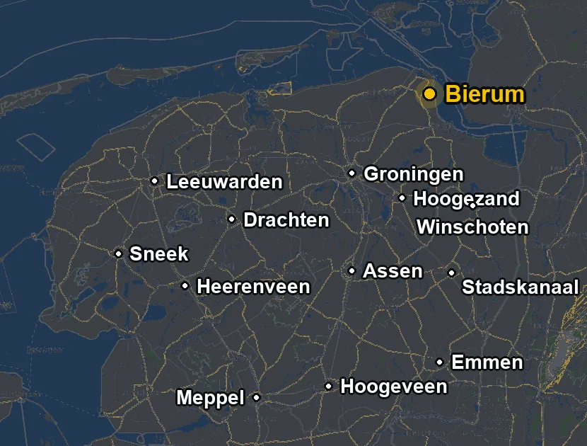 Kaart van Noord-Nederland met de vestiging in Bierum en de plaatsen
                  waar DoeHetSolar werkt: Groningen, Delfzijl, Appingedam, Loppersum, Uithuizen, Middelstum, Bierum, Hoogezand, Veendam, Winschoten, Stadskanaal, Leeuwarden, Drachten, Heerenveen, Sneek, Dokkum, Franeker, Harlingen, Burgum, Assen, Emmen, Hoogeveen, Meppel, Roden, Beilen, Coevorden